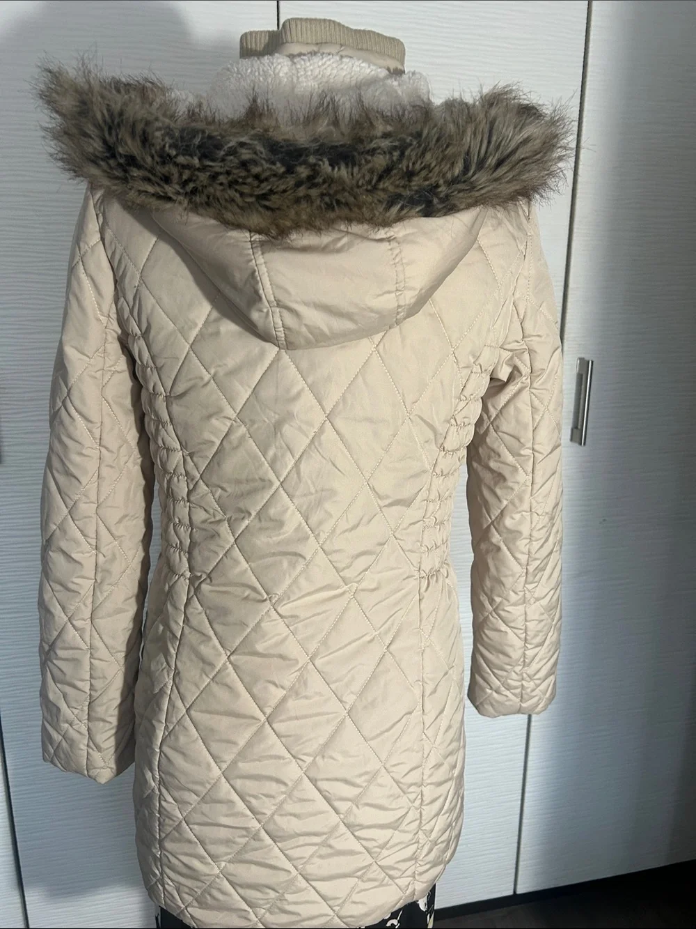 Girls Cream Quilted Hooded Puffer with Faux Fur Trim, Size 14-16